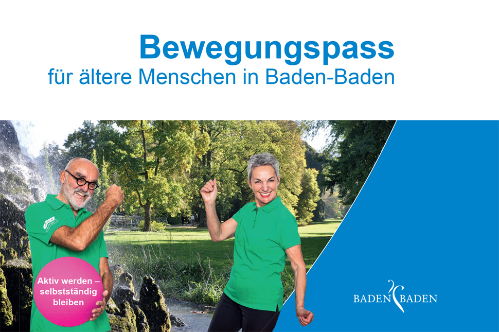 Text: "Bewegungspass für ältere Menschen in Baden-Baden". Darunter ein Senior und eine Seniorin vor dem Steinbrunnen in der Lichtentaler Allee. Der Senior hält einen pinken Ball mit der Aufschrift "Aktiv werden - selbstständig bleiben".