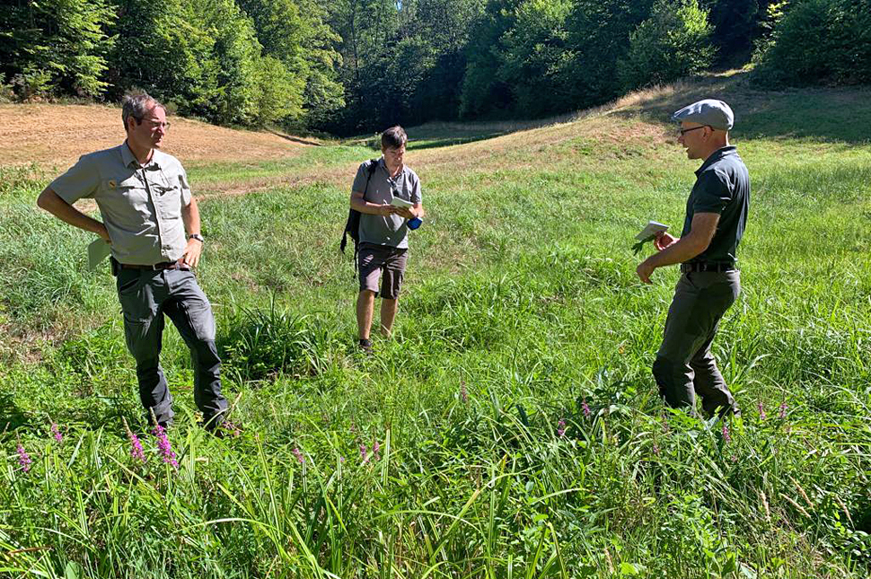 Dr. Bela Bender, im Forstamt für den Naturschutz zuständig, erläuterte Nico Fricke vom BT gemeinsam mit Forstamtsleiter Thomas Hauck (von rechts) im Übelsbachtal die prekäre Situation der Amphibien und zeigte auf, welche Gegenmaßnahmen bereits ergriffen w