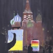 Bild eines Künstlers, der die russische Basilius-Kathedrale als Ukraine-Flagge malt