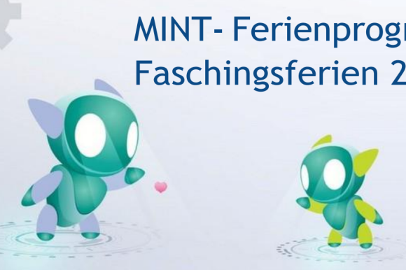 Grafik mit grauem Hintergrund und der Aufschrift "MINT-Ferienprogramm Faschingsferien 2026"