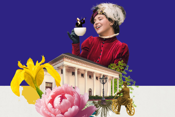 Animation: Eine Frau mit rotem Oberteil und Federhut hat eine Kaffeetasse in ihrer Hand.