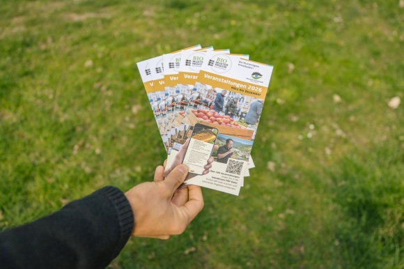 Eine Hand hält einen Flyer. 