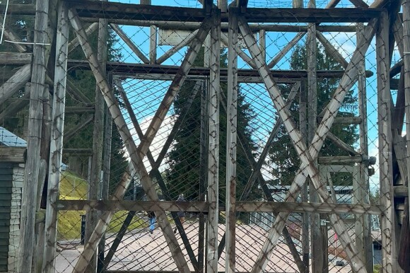 Mit Maschendraht verschlossenes Holztor.