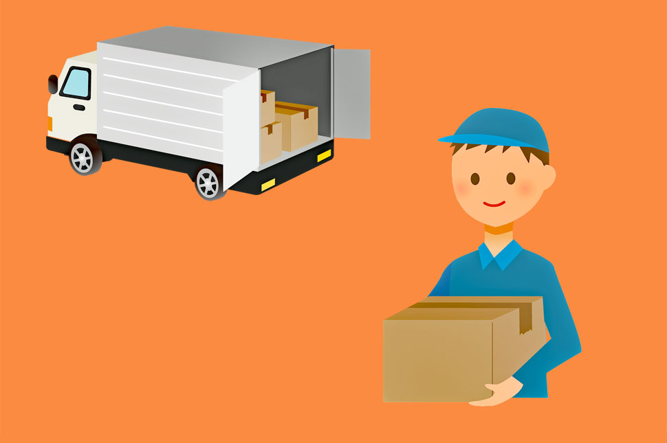 Piktogramm eines Mannes der ein Paket abliefert. Im Hintergrund ein Lieferwagen