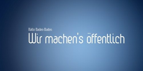 Logo "Wir machen's öffentlich": Blauer Hintegrund auf dem mit weißer Schrift "Hallo Baden-Baden: Wir machen's öffentlich" geschrieben steht.