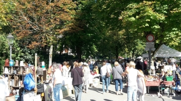 Flohmarkt in der Kaiserallee unter schattenspenden Bäumen
