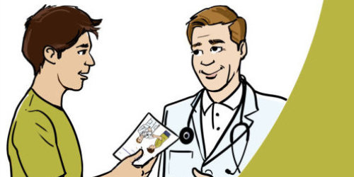 Deckblatt Gesundheitswegweiser: Überschrift "Der tip doc Gesundheitswegweiser in einfacher Sprache für den Stadtkreis Baden-Baden". Darunter ein Bild von einem Mann der von einem Arzt eine Broschüre erhält.