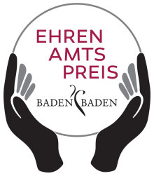 Logo Ehrenamtspreis: Zwei Hände halten einen Kreis. Im Kreis steht " Ehrenamtspreis". Darunter das Logo der Stadt Baden-Baden