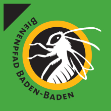 Wegmarkierung / Logo Bienenlehrpfad: Grafik einer Biene mit dem Text: Bienenpfad Baden-Baden