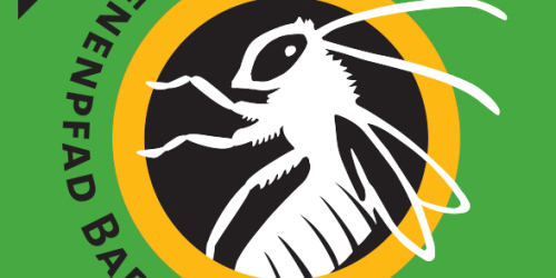 Wegmarkierung / Logo Bienenlehrpfad: Grafik einer Biene mit dem Text: Bienenpfad Baden-Baden
