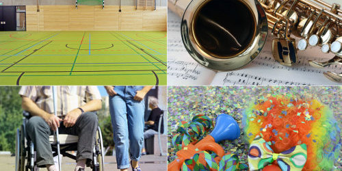 Collage aus vier Bildern: Sporthalle, Saxophon, Mann im Rollstuhl und Clownsmaske mit Konfetti und Tröte