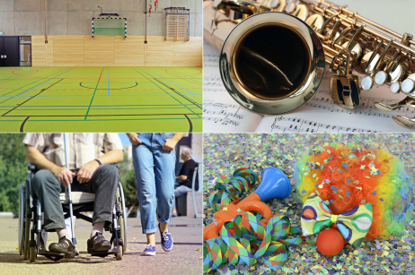Collage aus vier Bildern: Sporthalle, Saxophon, Mann im Rollstuhl und Clownsmaske mit Konfetti und Tröte