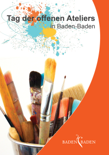 Deckblatt Tag der offenen Ateliers. Überschrift: Tag der offenen Ateliers in Baden-Baden. Im Hintergrund bunte Farbflecken. Darunter ein ein Eimer mit verschiedenen bunten Pinseln.