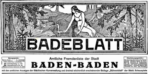 Deckblatt eines „Badeblatts“ der Stadt Baden-Baden aus dem Jahr 1923: Es steht geschrieben "Amtliche Fremdenliste der Stadt."