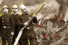 Collage: Altes Bild von drei Feuerwehrmännern mit Schlauch. Im Hintergrund eine Zeichnung eines Hausbrandes