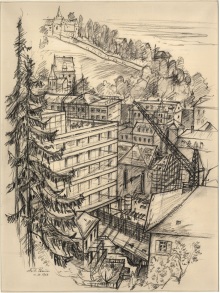 Kohlezeichnung von Otto A. Braun aus dem Jahr 1963 mit Blick auf die Errichtung des Kurmittelhauses im Baden-Badener Bäderviertel