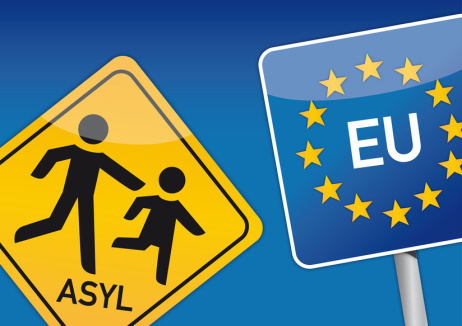 Zwei Straßenschilder. 1. Schild: Ein großer und ein kleiner Mensch laufen, darunter steht Asyl. 2. Schild: In einem Kreis aus Sternen steht EU.