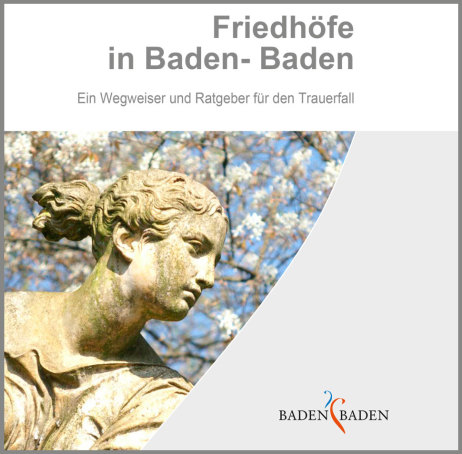 Deckblatt der Broschüre Friedhöfe in Baden-Baden mit Bild einer Statue und eines Grabs.