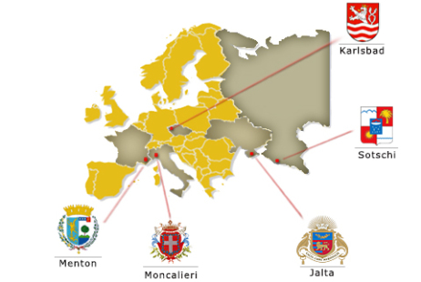 Farbige Skizze von Europa mit den Wappen und geographischen Punkten der sechs Partnerstädte Baden-Badens