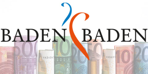 Aufgerollte Geldscheine - darüber das Logo von Baden-Baden