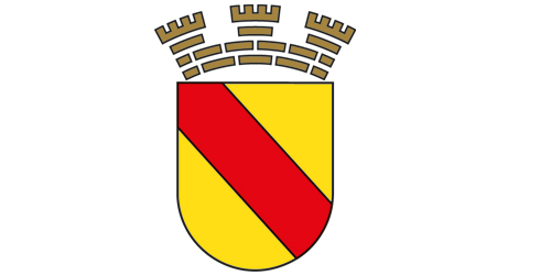 Das Wappen von Baden-Baden: Drei diagonale Streifen in gelb-rot-gelb. Darüber eine Mauerkrone.