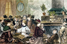 Zeichnung aus dem 19. Jahrhundert von Menschen die in der Trinkhalle Thermalwasser trinken. 