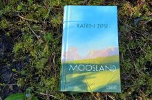 Buch liegt auf grünem Moos. Auf dem Buchcover ist eine gemalte, grüne, hügelige Wiese mit Wolken im Hintergrund zu sehen.