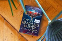 Abbildung eines bunten Schmetterlings auf Buchcover. Buch liegt auf Parkett, Palmwedel sind zu erkennen.