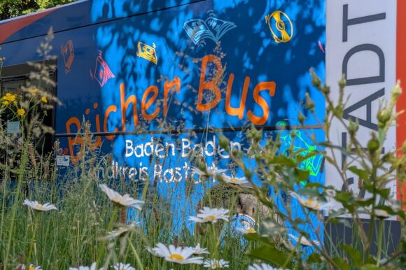 Bücherbus von der Seite mit Margeriten davor.