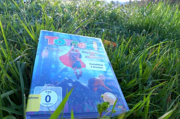 DVD-Cover mit buntem Kinderabenteuer im Wald liegt im Bodendecker eines Gartens.