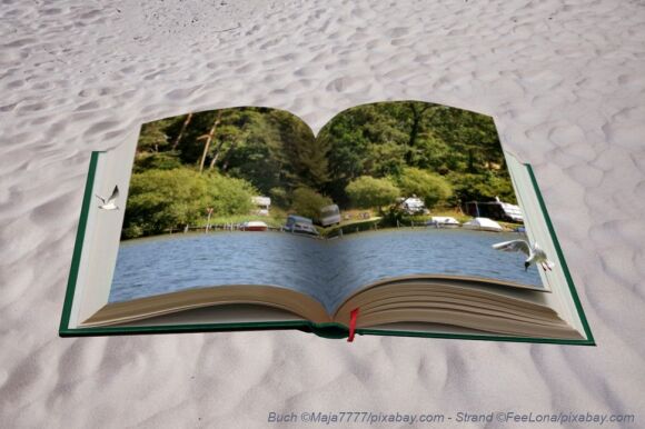 Collage: ein aufgeschlagenes, bebildertes Buch auf einem Sandstrand.