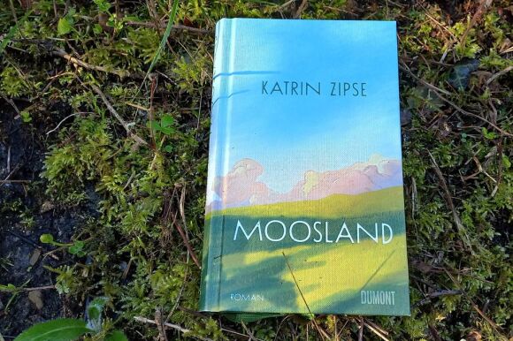 Buch liegt auf grünem Moos. Auf dem Buchcover ist eine gemalte, grüne, hügelige Wiese mit Wolken im Hintergrund zu sehen.
