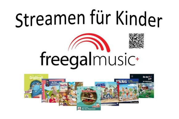 Logo von Freegal und einige Cover von Kinderhörspielen