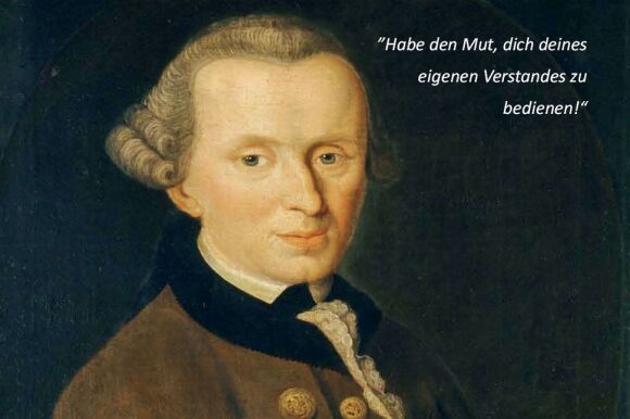 Ölgemälde: Ausschnitt aus Porträt von Immanuel Kant mit Perücke im braunen Rock mit großen Knöpfen.