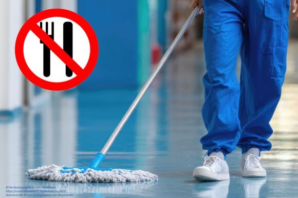Fotomontage: Wischmopp wird über spiegelnden Fußboden geführt. Virtuell sieht man ein Verbotsschild, auf dem Messer und Gabel durchgestrichen sind.