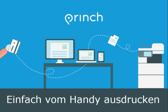 Schematische Zeichnung mit Handy, Laptops und Drucker.