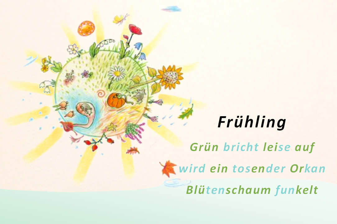 Sonne mit Pflanzen und Frühlingsgedicht