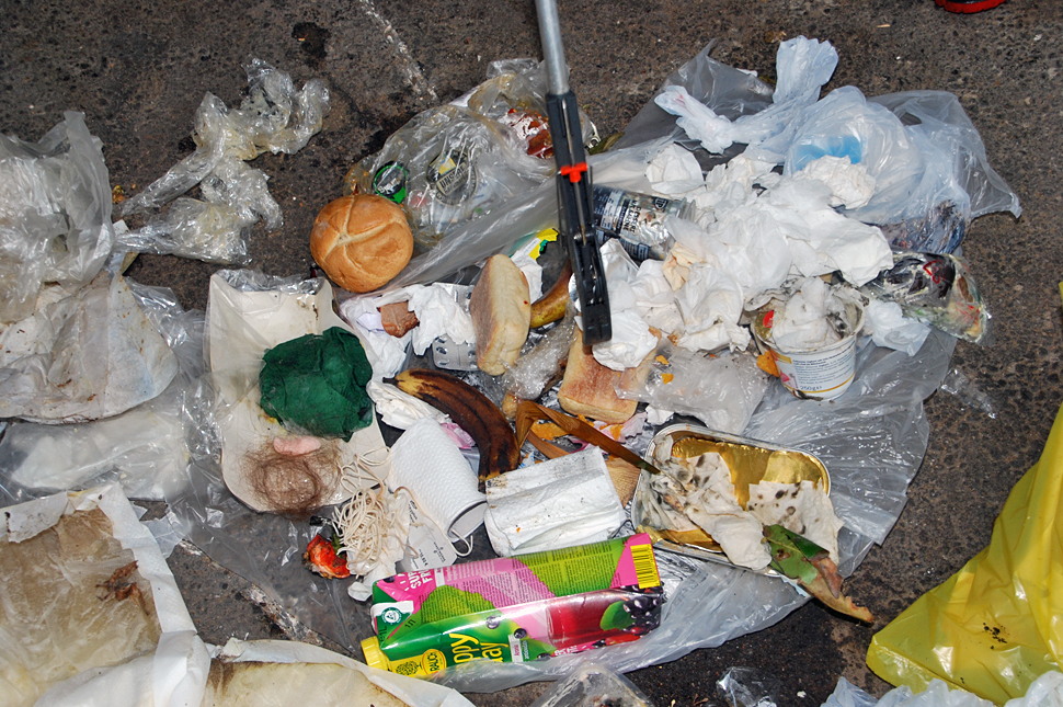 Windeln, Brot, Obst- und Gemüsereste, Papier und volle Lebensmittelpackungen als Inhalt einer Gelben Tonne.