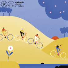 Illustration Fahrrad fahrender Menschen. Oben links Logo Radspaß - sicher e-biken.