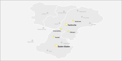 Graue Karte auf der alle beteiligten Städte zu sehen sind (Stutensee, Karlsruhe, Rheinstetten, Ettlingen, Rastatt, Baden-Baden).