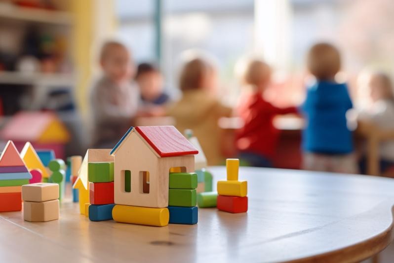 Buntes Holzspielzeug im Vordergrund, im Hintergrund verschwommen spielende Kleinkinder. 