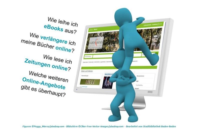 Zwei blaue Figuren, eine stellt der anderen eine Räuberleiter, um auf einen Computerbildschirm zu klettern, auf dem der Online-Katalog der Stadtbibliothek Baden-Baden abgebildet ist.