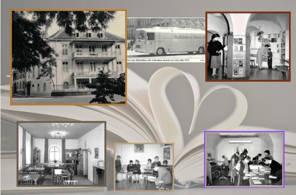 Collage aus mehreren historischen Fotos der Stadtbibliothek Baden-Baden